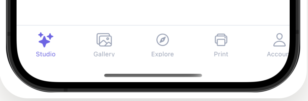 iOS tab bar layout showing Studio, Gallery, Print, and Account.